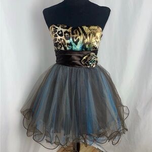 Y2K TeezeMe Blue/Brown Leopard 5 Layer Tulle Short Strapless Party Dress